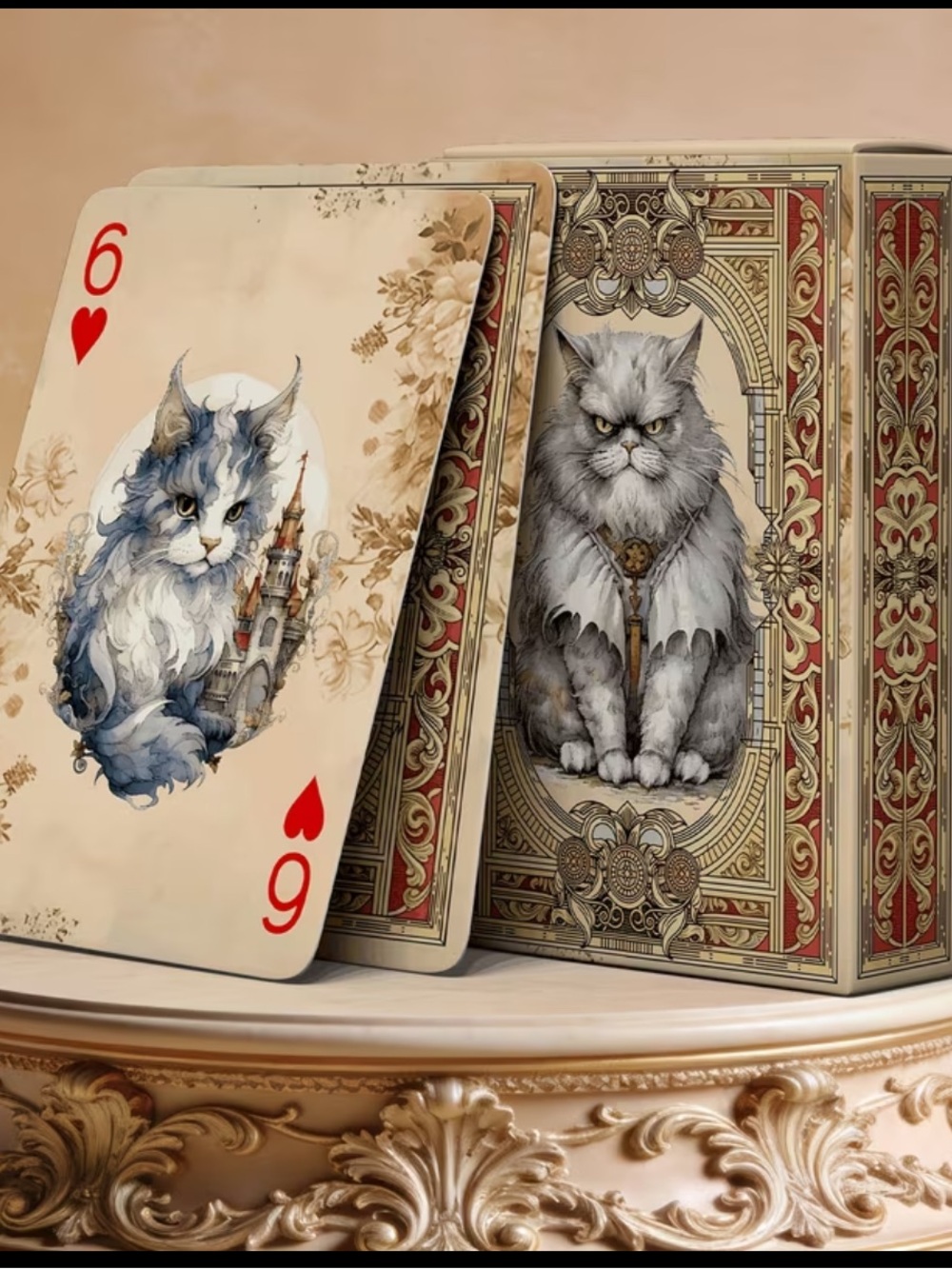 Artistic Cat-Themed Playing Cards - Cream & Red